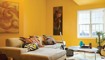 Living Room with Dark yellow orange shade